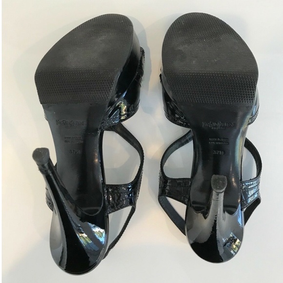YVES SAINT LAURENT BLACK PATENT TRIBUTE PLATFORM SANDALS SIZE IT 37.5 / US 7.5 - Picture 13 of 13